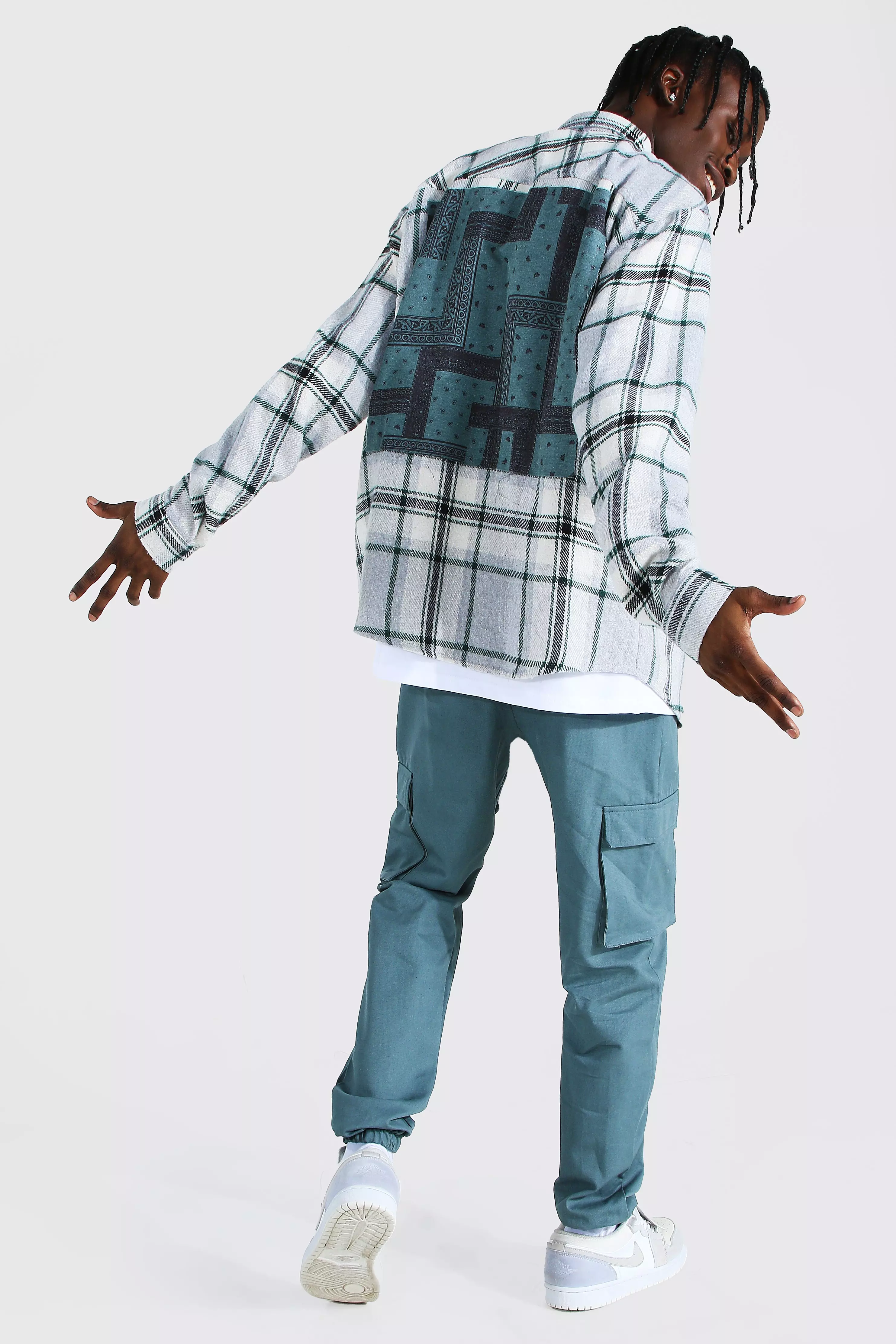 Oversized Flannel Bandana Back Patch Shirt | boohooMAN USA